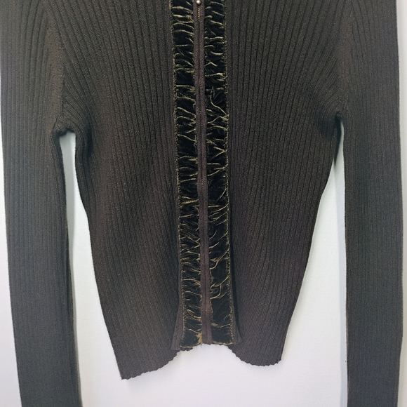 JM Collection Brown Ribbed Knit Velvet Zip Up Cardigan Sweater Size Medium - Picture 2 of 10